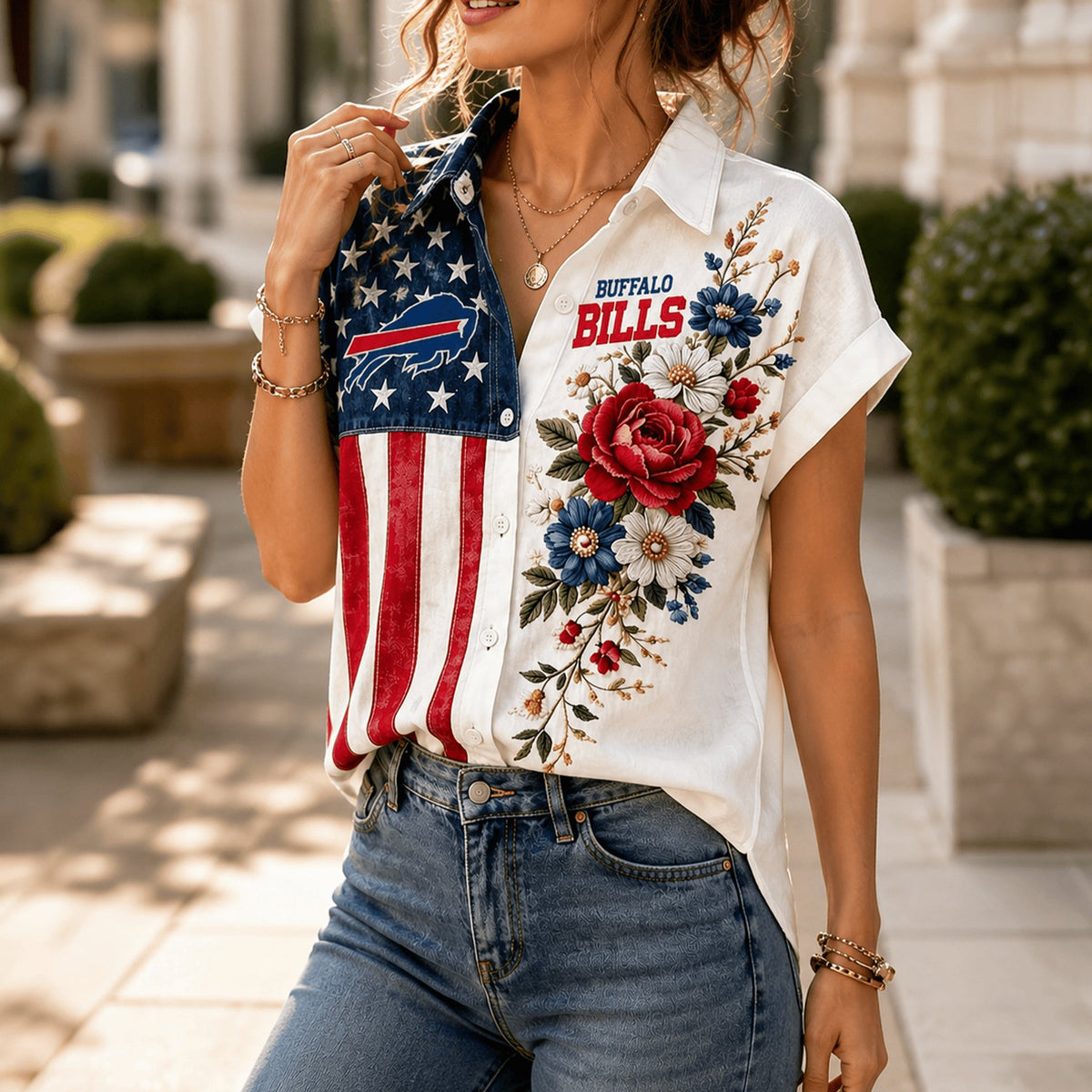 PREMIUM NFL X BUF EXCLUSIVE Floral American Flag Linen Shirt