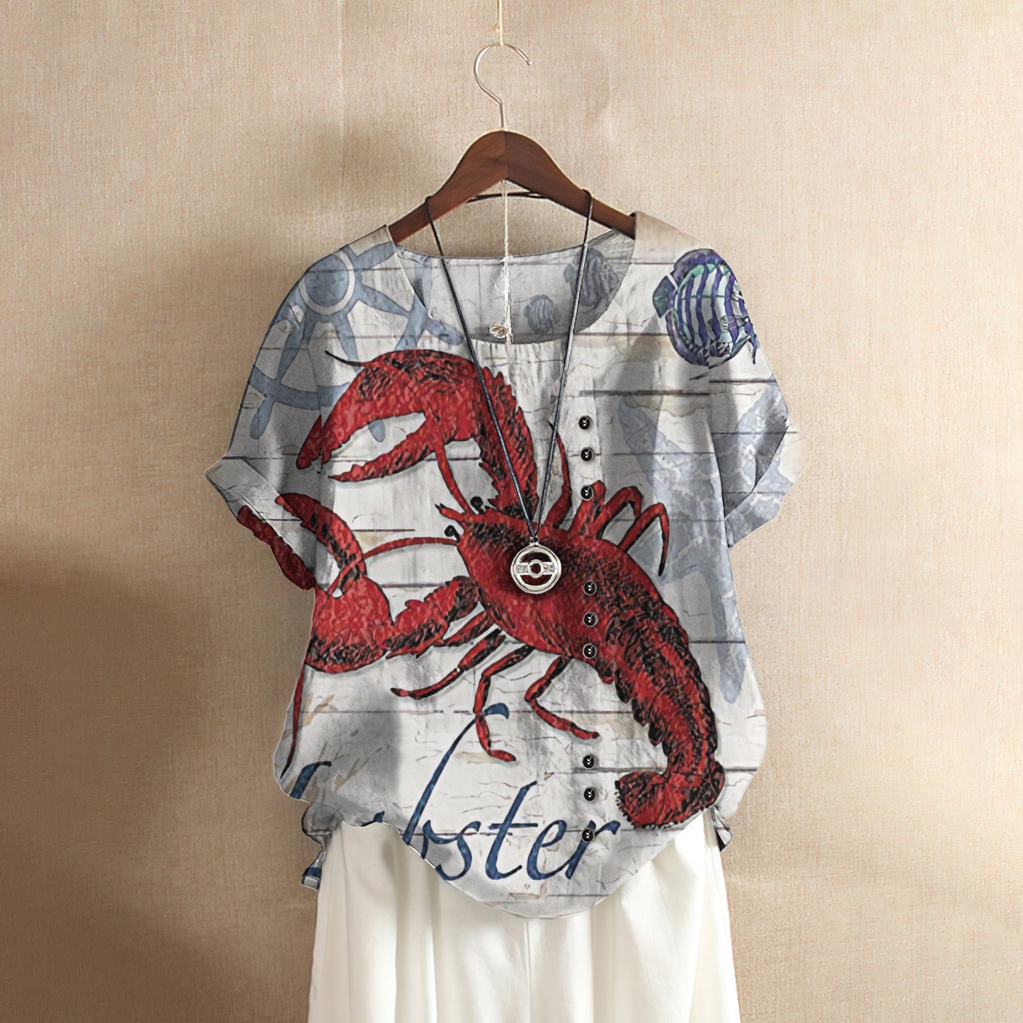 Red Lobster Casual Short Sleeve Shirt | Summer Blouse | Women Cotton T-shirt