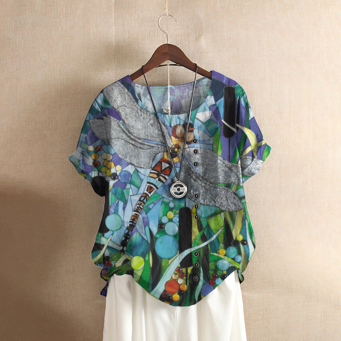 Dragonfly Mosaic Beautiful Art Casual Short Sleeve Shirt | Summer Blouse | Women Cotton T-shirt