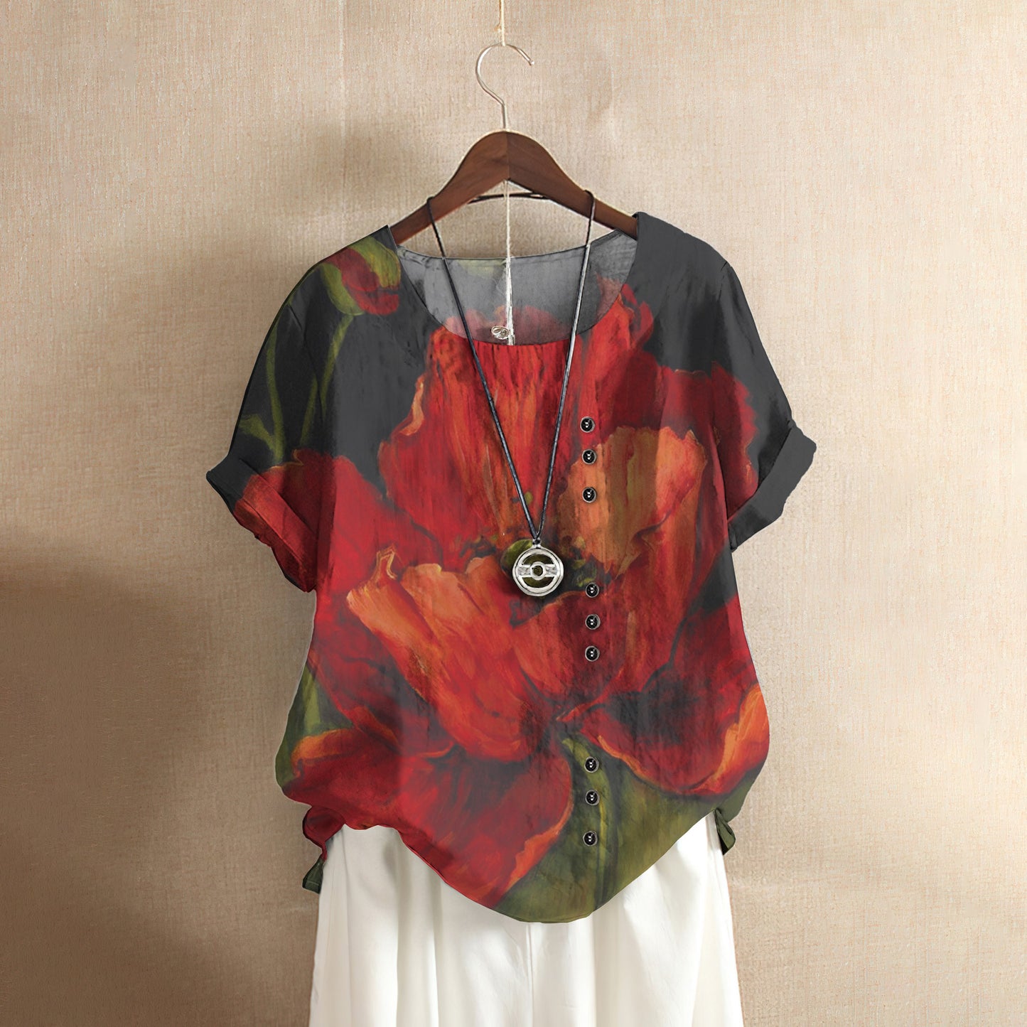 Poppy Flower Casual Short Sleeve Shirt | Summer Blouse | Women Cotton T-Shirt