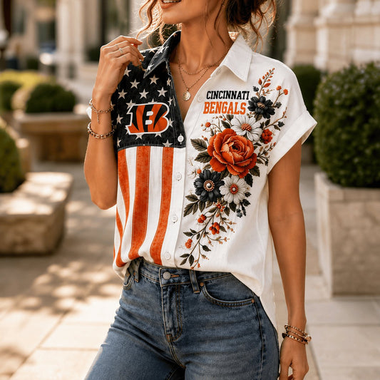 PREMIUM NFL X CIN EXCLUSIVE Floral American Flag Linen Shirt