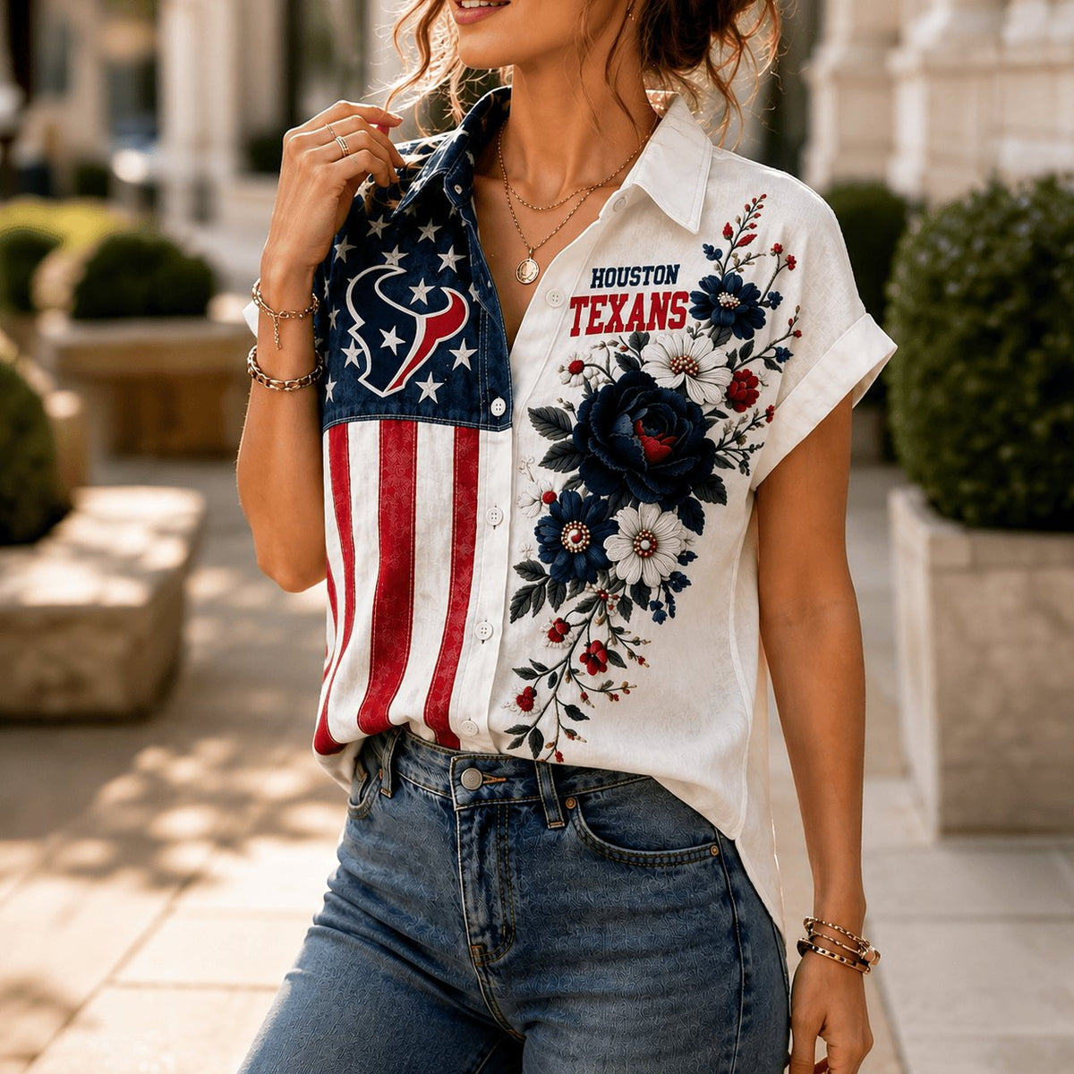 PREMIUM NFL X HOU EXCLUSIVE Floral American Flag Linen Shirt