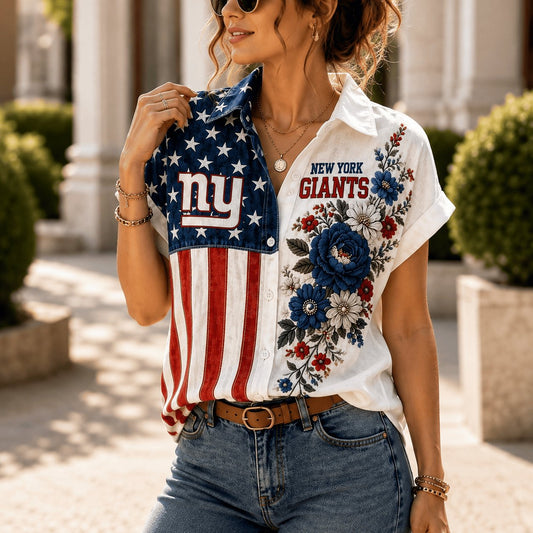 PREMIUM NFL X NYG EXCLUSIVE Floral American Flag Linen Shirt