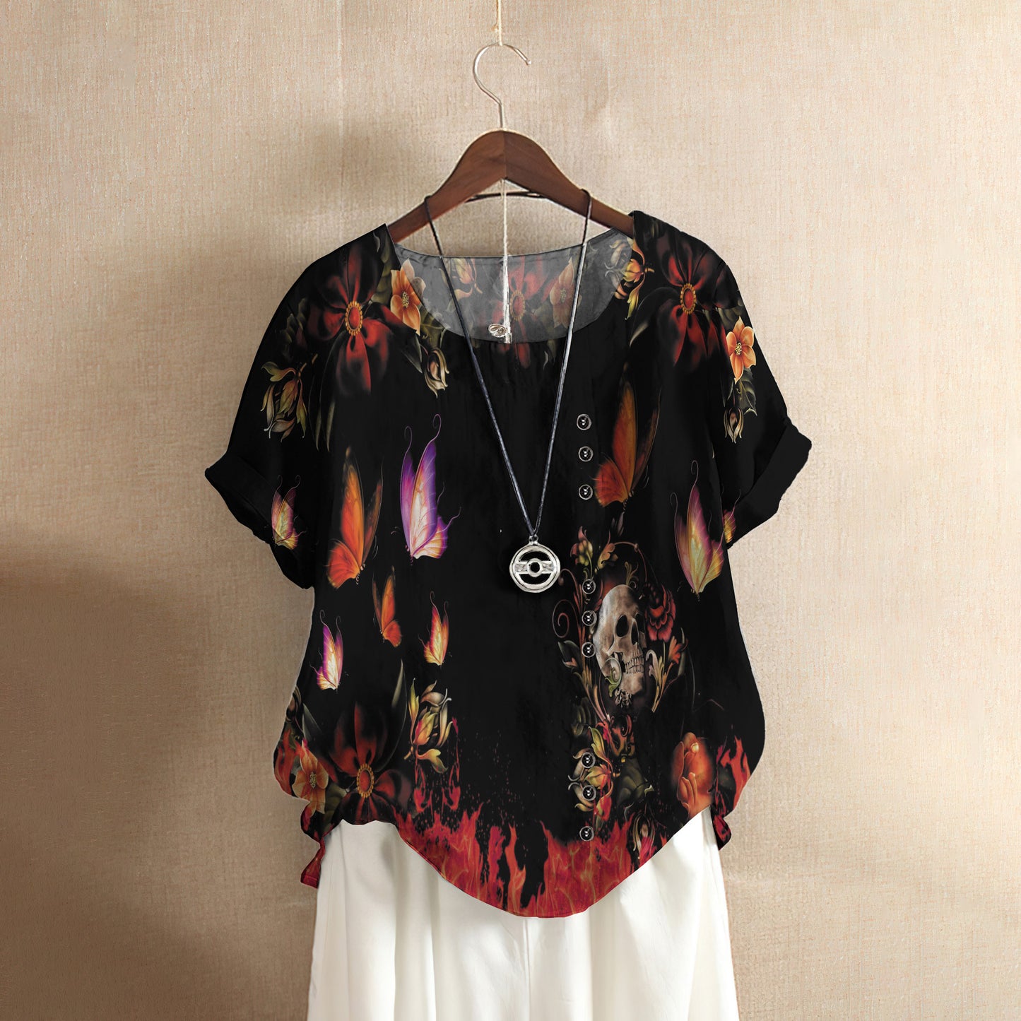 Skull And Butterfly Casual Short Sleeve Shirt | Summer Blouse | Women Cotton T-shirt