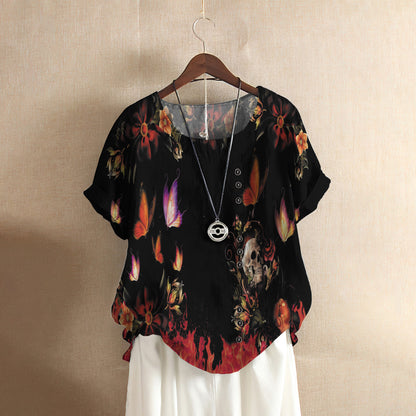 Skull And Butterfly Casual Short Sleeve Shirt | Summer Blouse | Women Cotton T-shirt