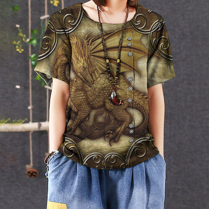 Dragon Casual Short Sleeve Shirt | Summer Blouse | Women Cotton T-shirt