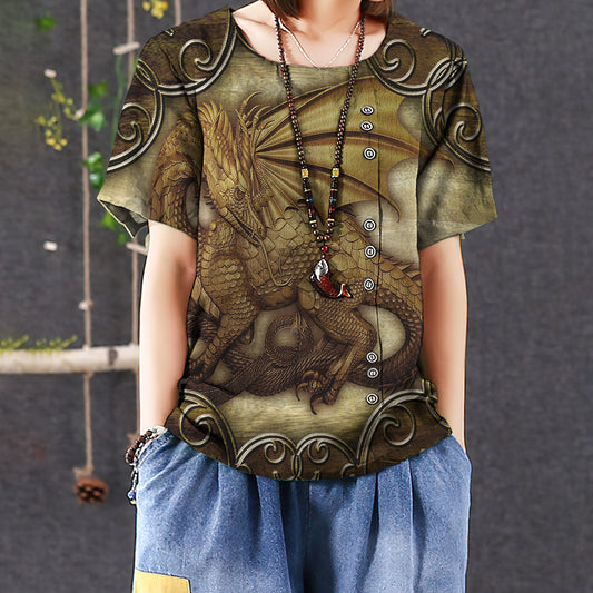 Dragon Casual Short Sleeve Shirt | Summer Blouse | Women Cotton T-shirt