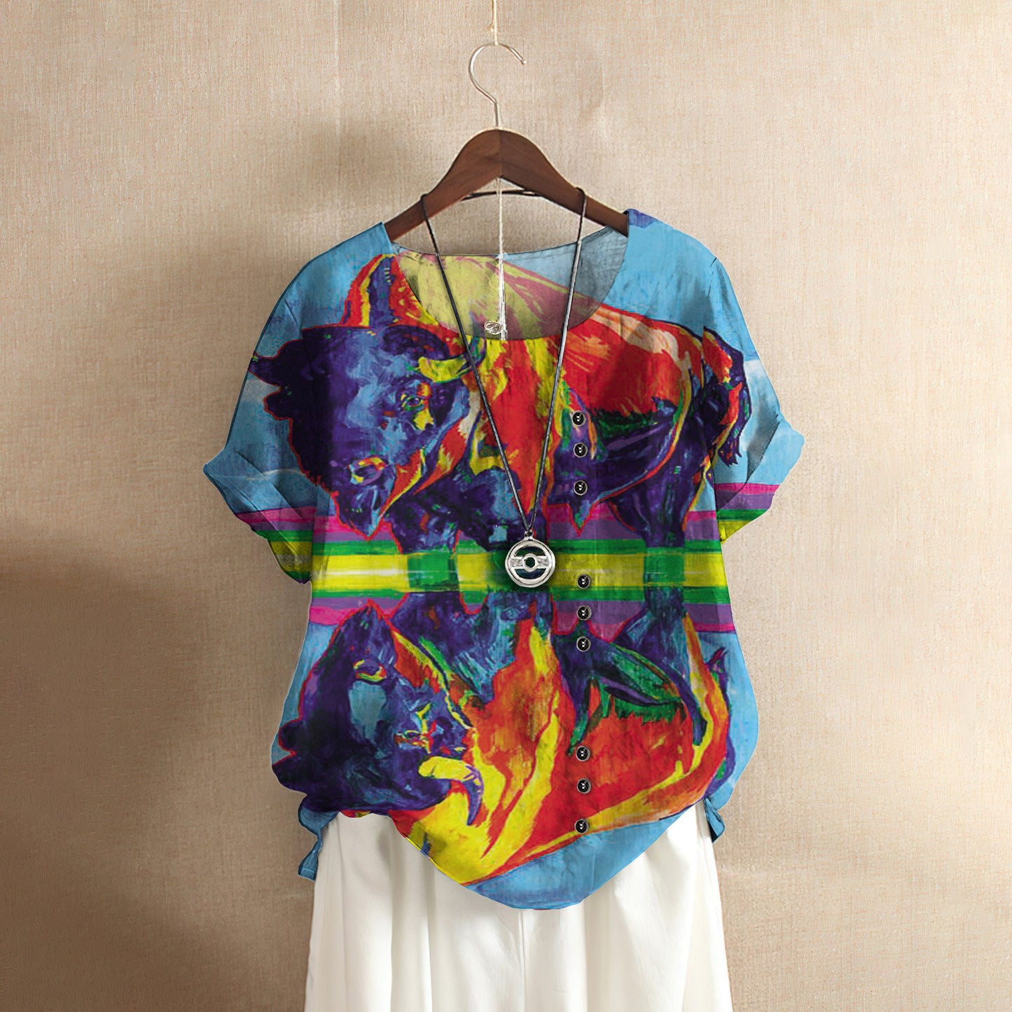 American Bison Reflection Casual Short Sleeve Shirt | Summer Blouse | Women Cotton T-shirt
