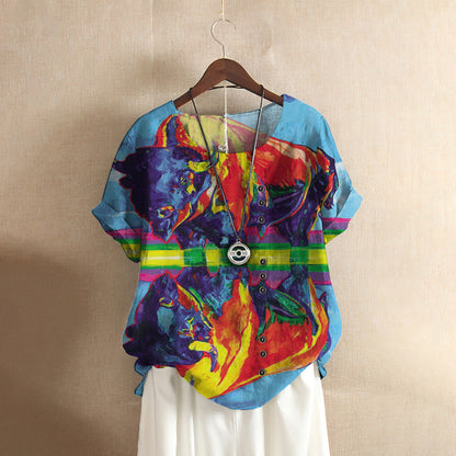 American Bison Reflection Casual Short Sleeve Shirt | Summer Blouse | Women Cotton T-shirt