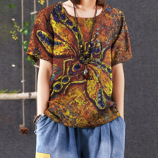 Dragonfly Old Golden Art Casual Short Sleeve Shirt | Summer Blouse | Women Cotton T-shirt