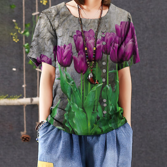 Purple Tulip Casual Short Sleeve Shirt | Summer Blouse | Women Cotton T-shirt