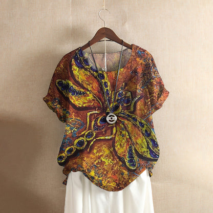 Dragonfly Old Golden Art Casual Short Sleeve Shirt | Summer Blouse | Women Cotton T-shirt