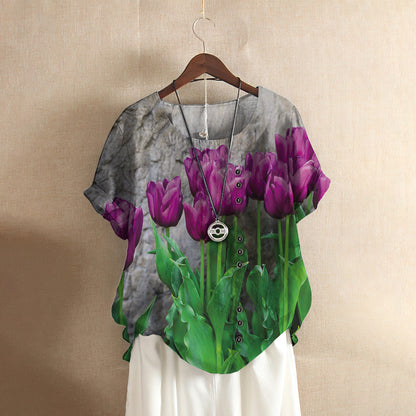 Purple Tulip Casual Short Sleeve Shirt | Summer Blouse | Women Cotton T-shirt
