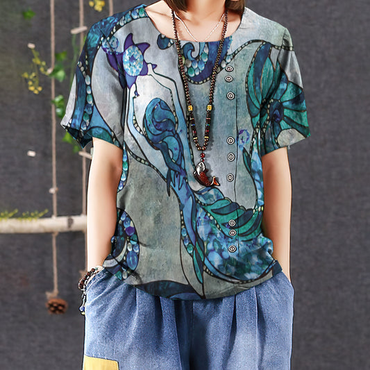 Mermaid Casual Short Sleeve Shirt | Summer Blouse | Women Cotton T-shirt