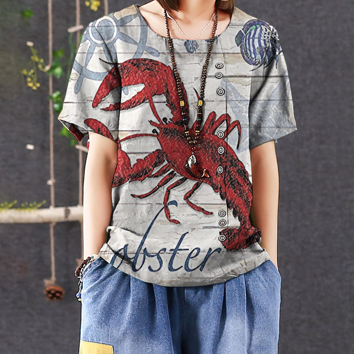 Red Lobster Casual Short Sleeve Shirt | Summer Blouse | Women Cotton T-shirt