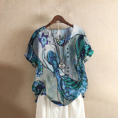 Mermaid Casual Short Sleeve Shirt | Summer Blouse | Women Cotton T-shirt