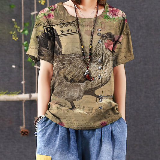 Rooster Casual Short Sleeve Shirt | Summer Blouse | Women Cotton T-shirt