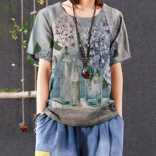 Hydrangea Flowers Casual Short Sleeve Shirt | Summer Blouse | Women Cotton T-shirt