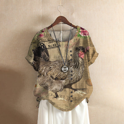 Rooster Casual Short Sleeve Shirt | Summer Blouse | Women Cotton T-shirt