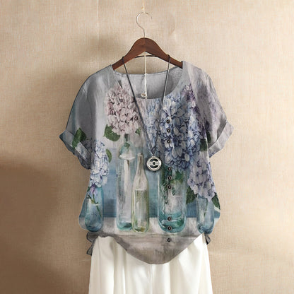 Hydrangea Flowers Casual Short Sleeve Shirt | Summer Blouse | Women Cotton T-shirt