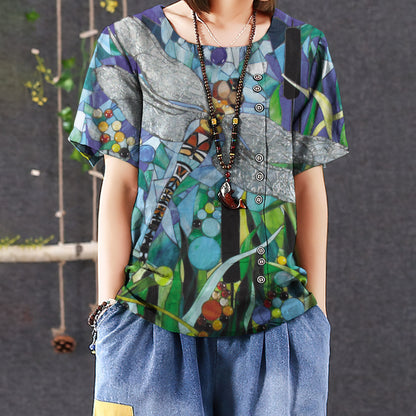 Dragonfly Mosaic Beautiful Art Casual Short Sleeve Shirt | Summer Blouse | Women Cotton T-shirt