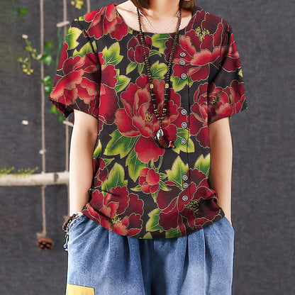 Peony Sunsine Casual Short Sleeve Shirt | Summer Blouse | Women Cotton T-shirt