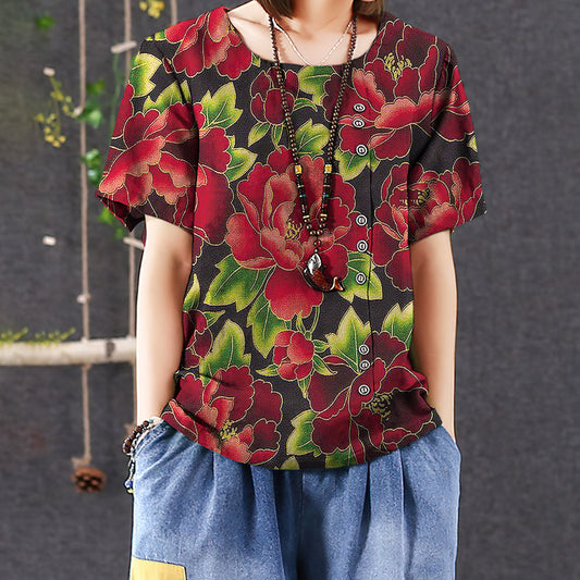 Peony Sunsine Casual Short Sleeve Shirt | Summer Blouse | Women Cotton T-shirt