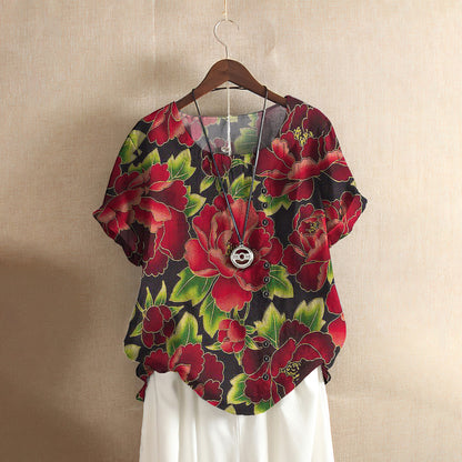 Peony Sunsine Casual Short Sleeve Shirt | Summer Blouse | Women Cotton T-shirt