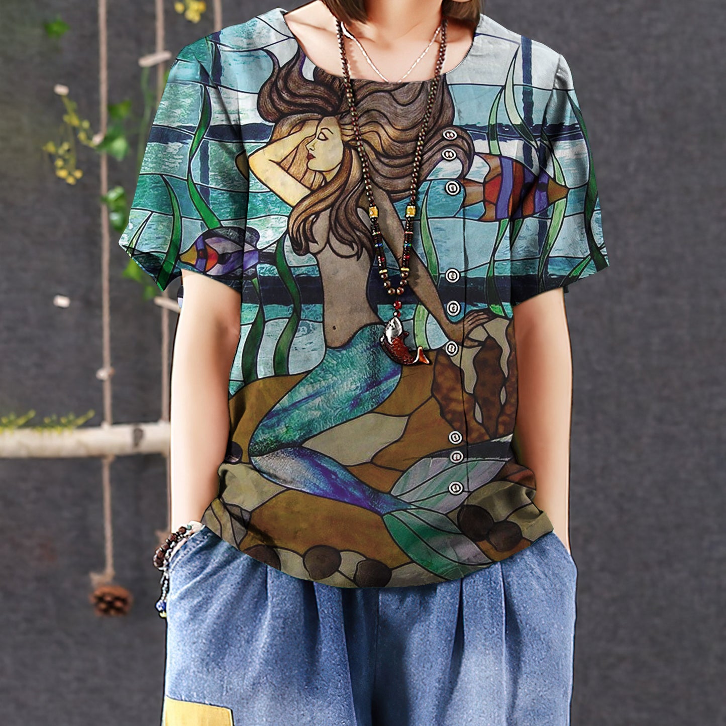 Mermaid Casual Short Sleeve Shirt | Summer Blouse | Women Cotton T-shirt
