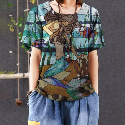 Mermaid Casual Short Sleeve Shirt | Summer Blouse | Women Cotton T-shirt