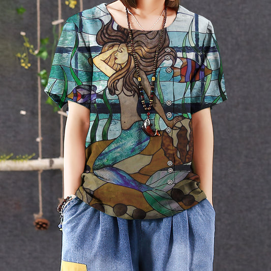 Mermaid Casual Short Sleeve Shirt | Summer Blouse | Women Cotton T-shirt