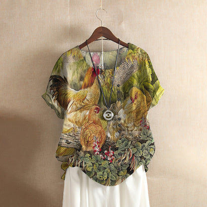 Rooster Family Casual Short Sleeve Shirt | Summer Blouse | Women Cotton T-shirt