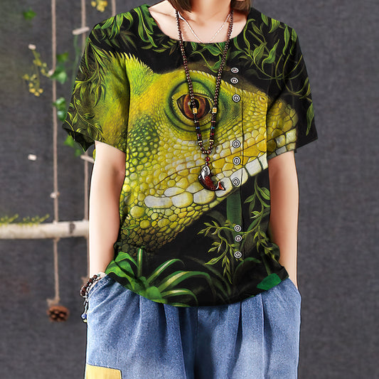 Lizard Casual Short Sleeve Shirt | Summer Blouse | Women Cotton T-shirt