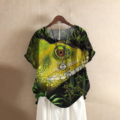 Lizard Casual Short Sleeve Shirt | Summer Blouse | Women Cotton T-shirt