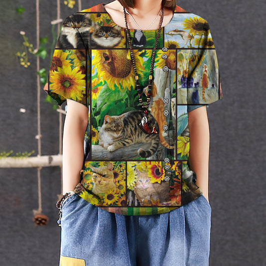 Cat Casual Short Sleeve Shirt | Summer Blouse | Women Cotton T-shirt