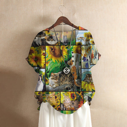 Cat Casual Short Sleeve Shirt | Summer Blouse | Women Cotton T-shirt