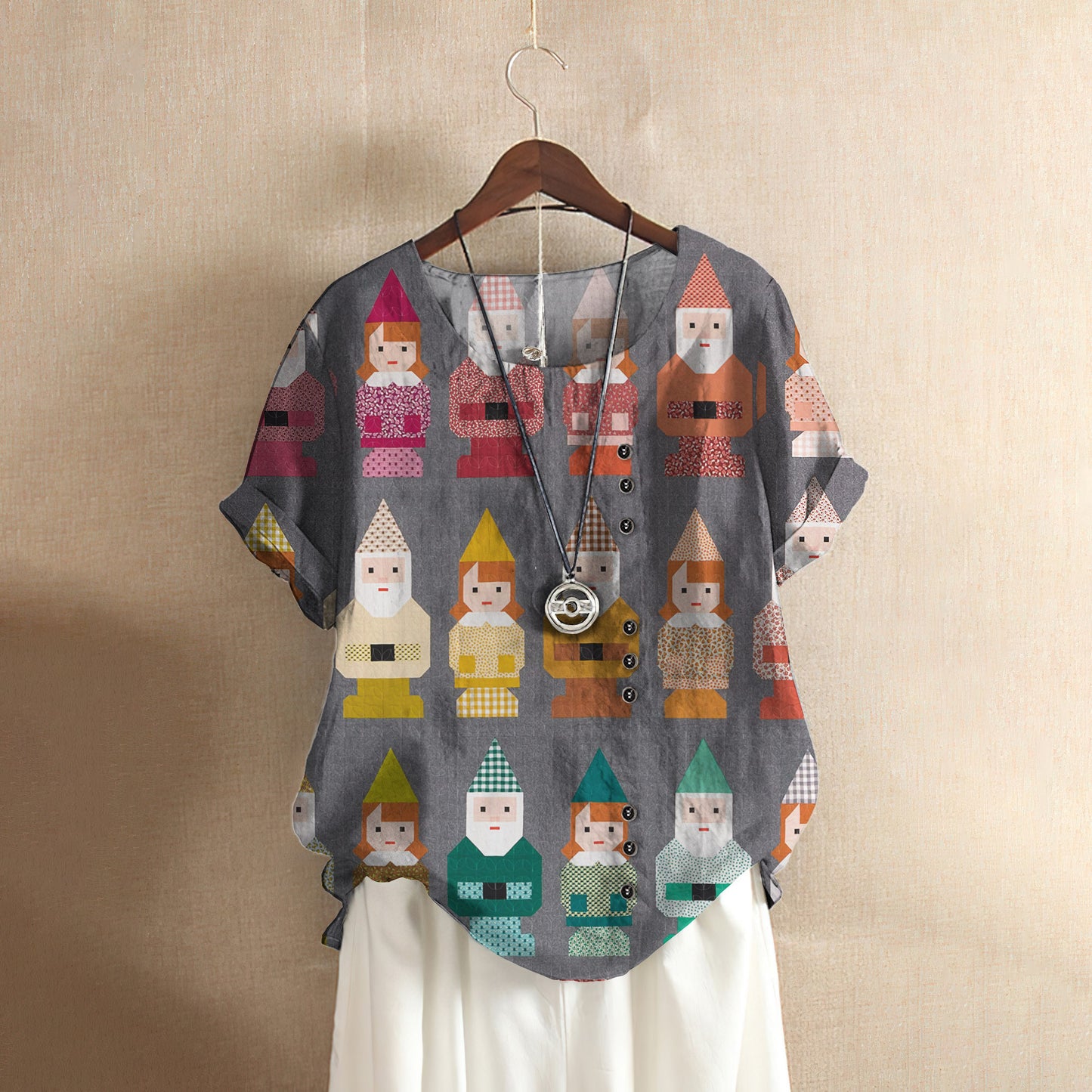 Norm Nanette Gnomes Casual Short Sleeve Shirt | Summer Blouse | Women Cotton T-shirt