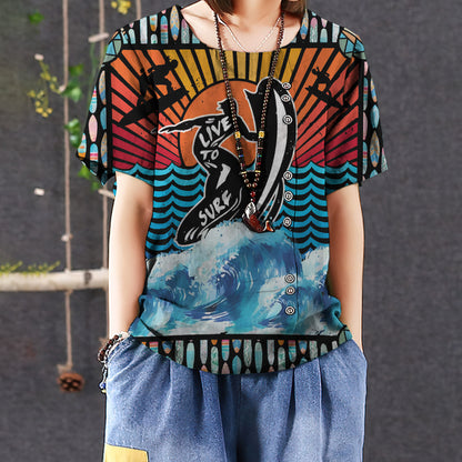 Live To Surf Casual Short Sleeve Shirt | Summer Blouse | Women Cotton T-shirt