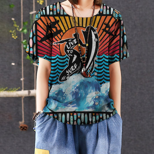 Live To Surf Casual Short Sleeve Shirt | Summer Blouse | Women Cotton T-shirt