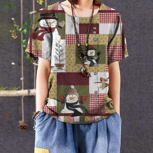 Christmas Snowman Casual Short Sleeve Shirt | Summer Blouse | Women Cotton T-shirt