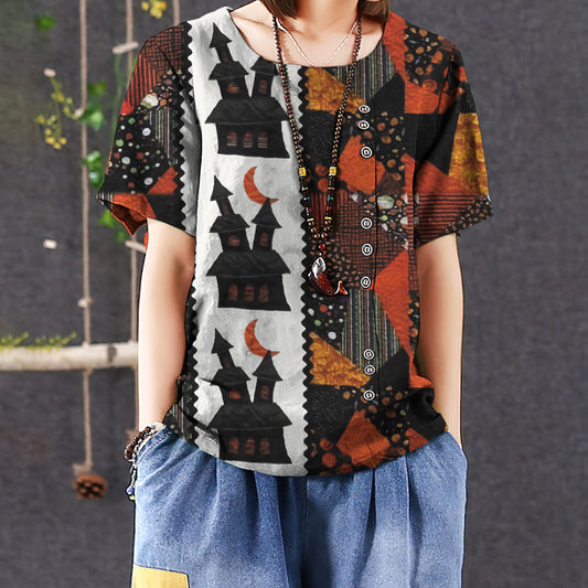 Halloween House Casual Short Sleeve Shirt | Summer Blouse | Women Cotton T-shirt