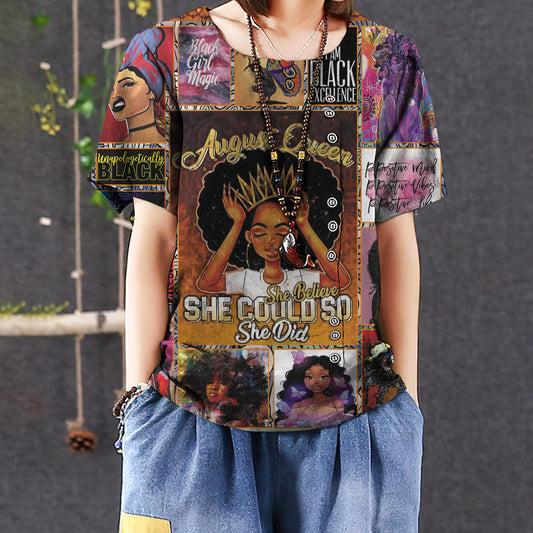 August Black Queen Casual Short Sleeve Shirt | Summer Blouse | Women Cotton T-shirt