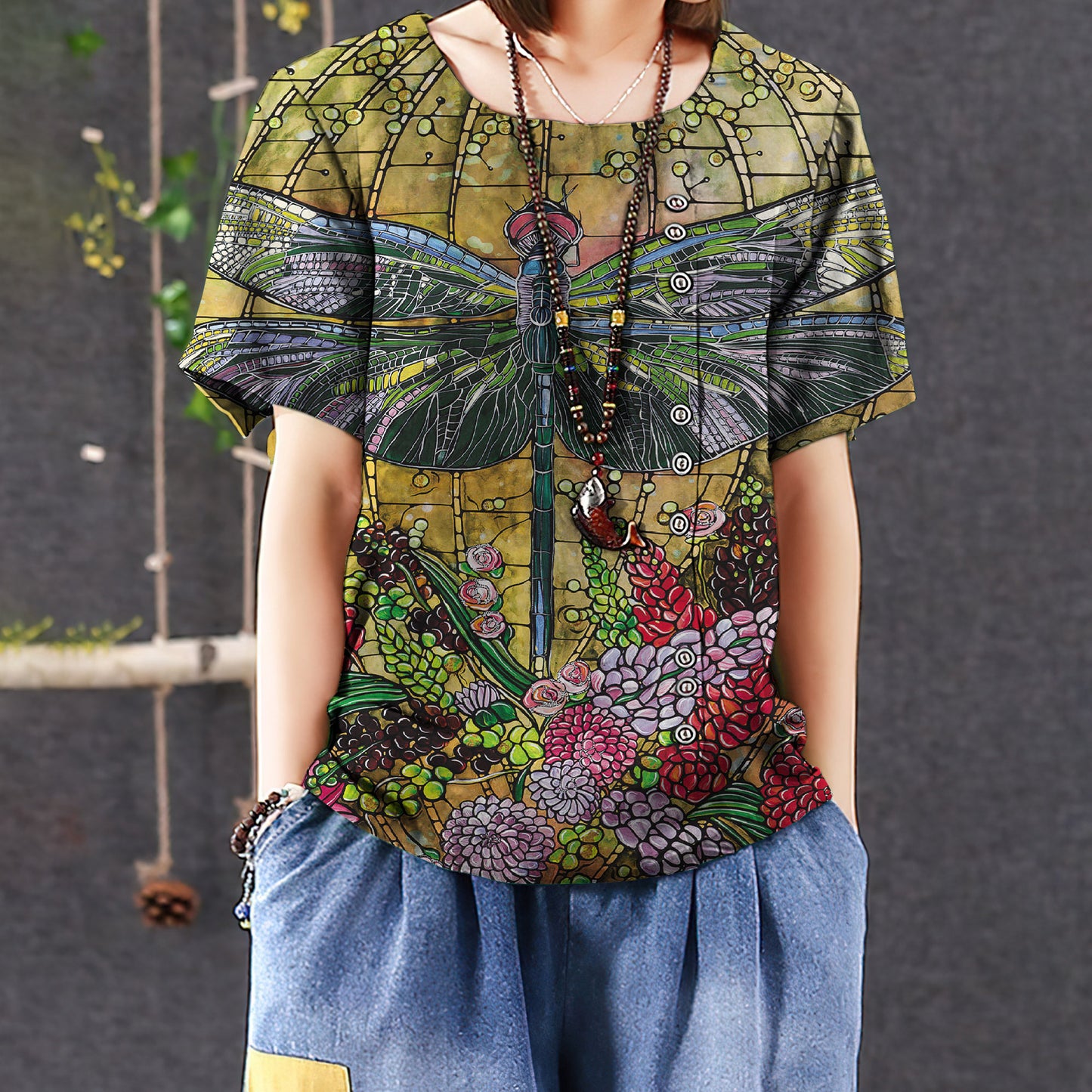 Dragonfly Flower Casual Short Sleeve Shirt | Summer Blouse | Women Cotton T-Shirt