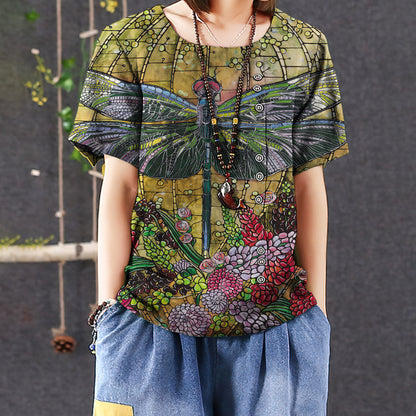 Dragonfly Flower Casual Short Sleeve Shirt | Summer Blouse | Women Cotton T-Shirt