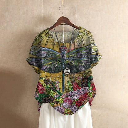 Dragonfly Flower Casual Short Sleeve Shirt | Summer Blouse | Women Cotton T-Shirt