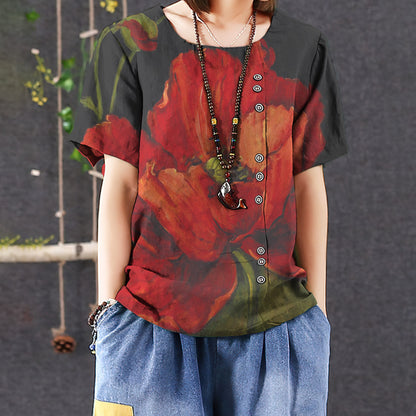 Poppy Flower Casual Short Sleeve Shirt | Summer Blouse | Women Cotton T-Shirt