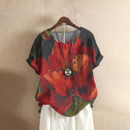 Poppy Flower Casual Short Sleeve Shirt | Summer Blouse | Women Cotton T-Shirt