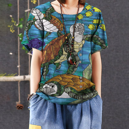 Sea Turtle Casual Short Sleeve Shirt | Summer Blouse | Women Cotton T-Shirt