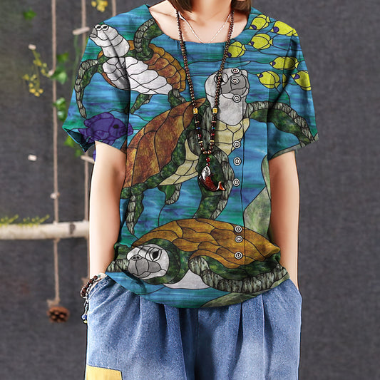 Sea Turtle Casual Short Sleeve Shirt | Summer Blouse | Women Cotton T-Shirt
