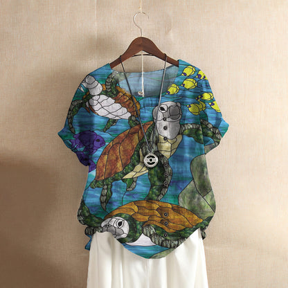 Sea Turtle Casual Short Sleeve Shirt | Summer Blouse | Women Cotton T-Shirt